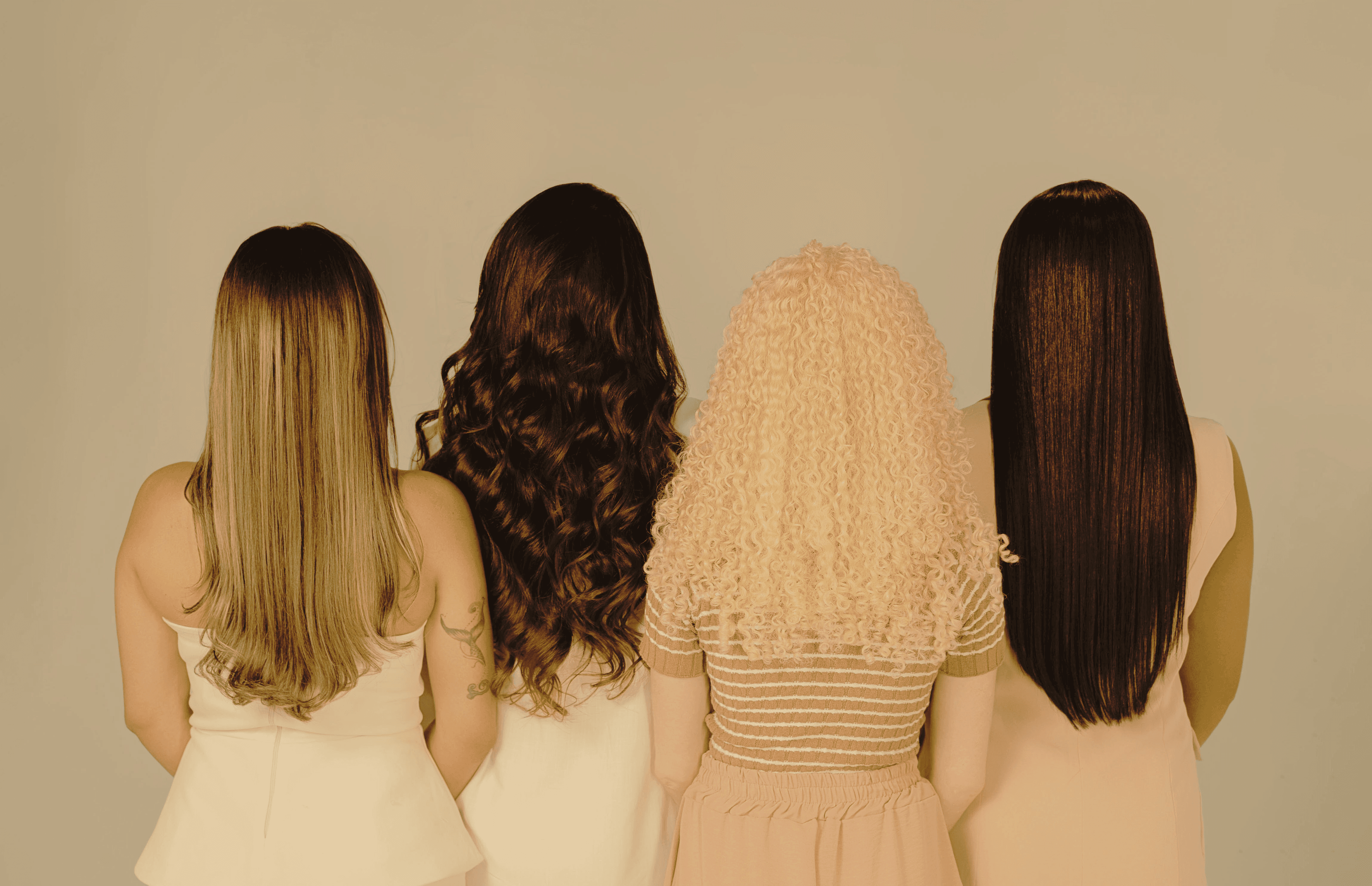 Four models showing different premium wig and hair textures — sleek balayage, romantic curls, tight curls, and a straight black bob